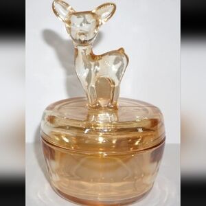 Vintage Jeannette Fawn Deer Trinket Candy Dish Vanity Jewelry Box Glass Marigold